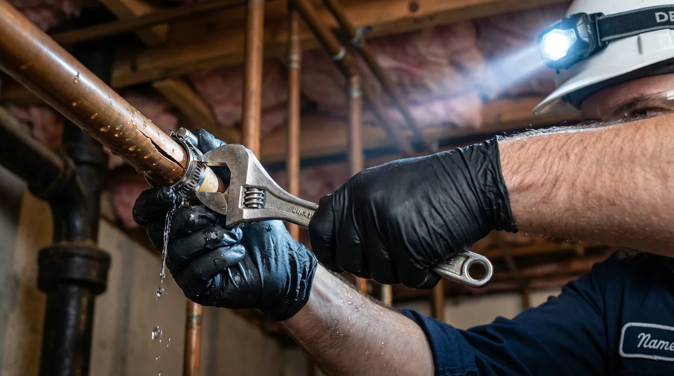 Emergency pipe clamp repair being performed by a Johns Plumbing LLC plumber in Opelousas