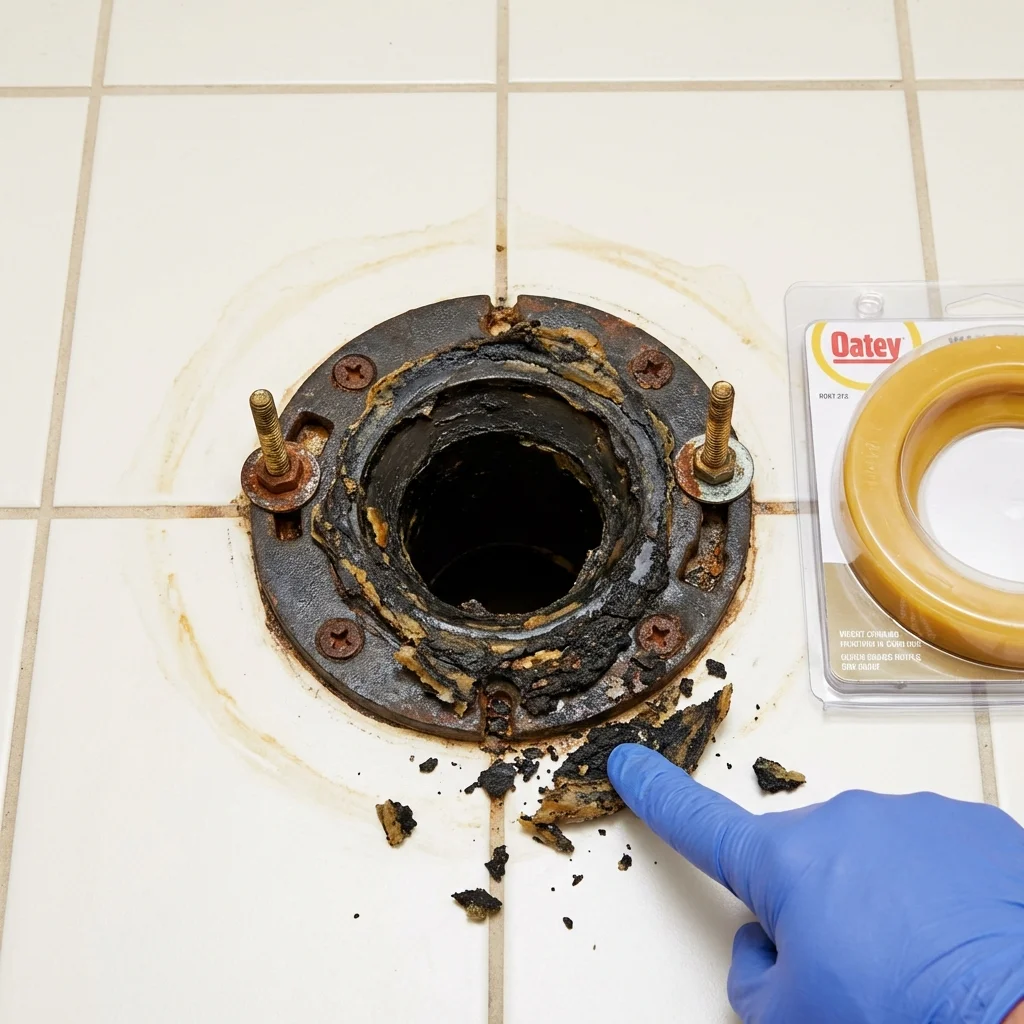 Failed wax ring showing water seepage at the base of a toilet in a Opelousas, LA home