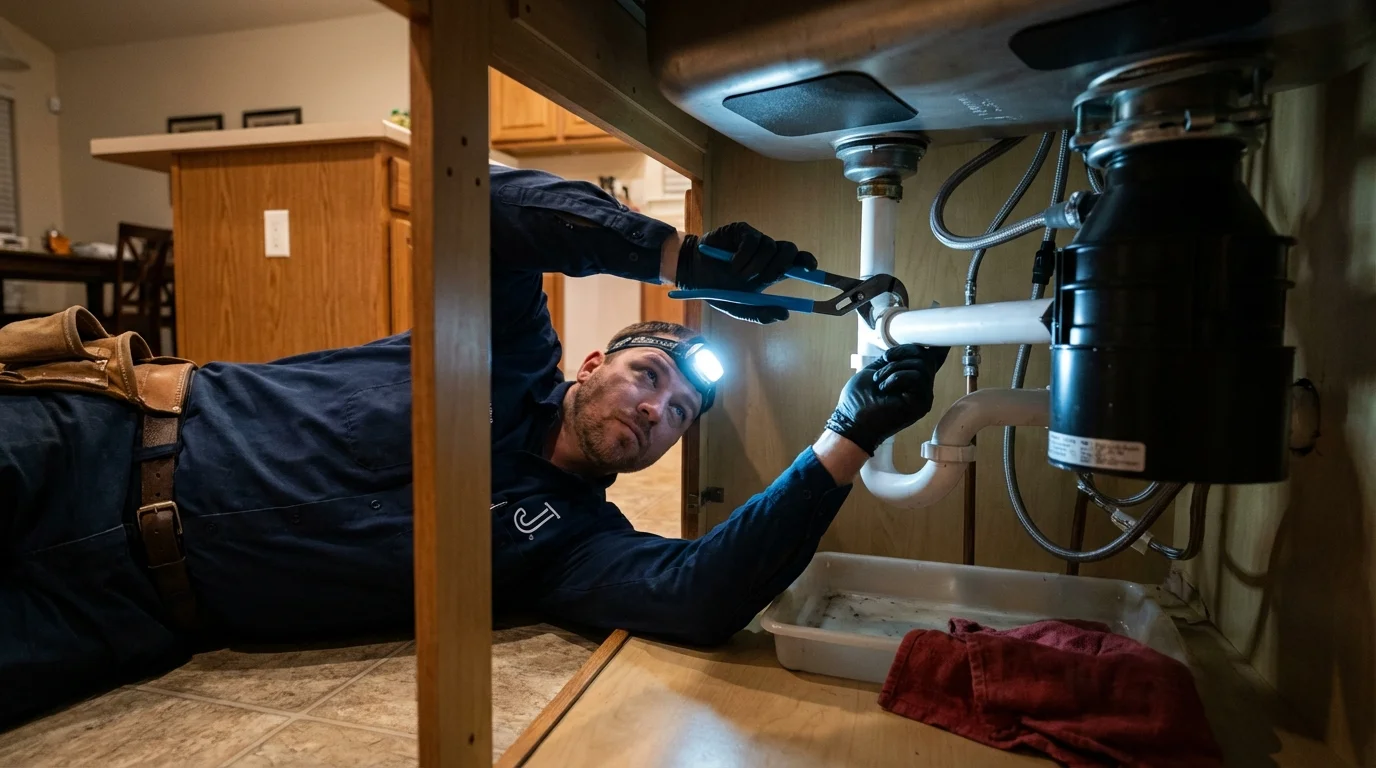 P-trap and supply line connections under a kitchen sink showing a common leak point in Opelousas, LA